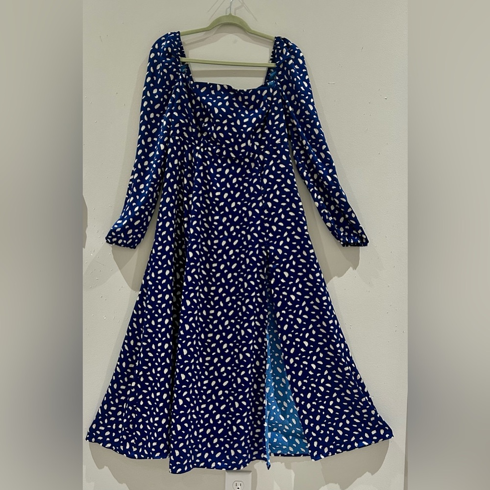 Commense Royal Blue Abstract Print Smocked Back Midi Dress XL A-Line Long Sleeve